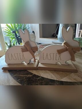 Rae Dunn White Bunny "EASTER" Pair with Burlap Bows